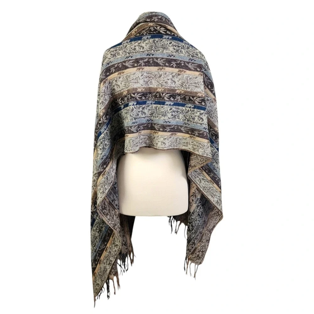 Essential‎ Classics 100% Wool Paisley Stripe Wrap Shawl Scarf Blue Brown India